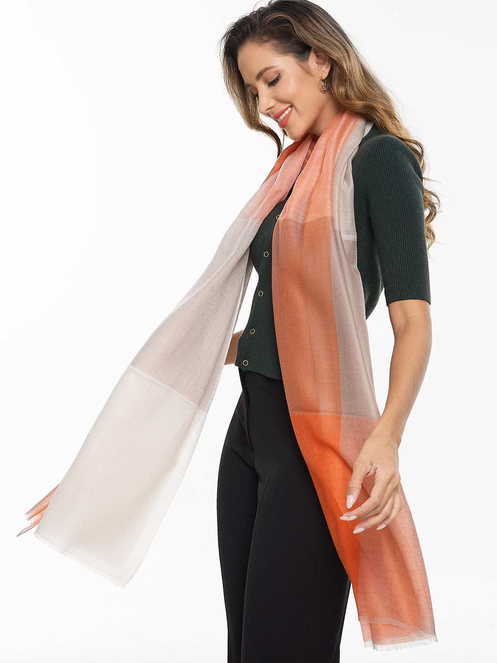 Featherlight Orange White Cashmere Scarf